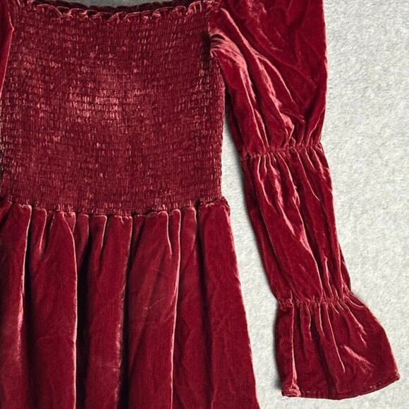 o.p.t. Sz XS Hasher Smocked Velvet Mini Dress Gathered Bell Sleeve Square Neck - Picture 13 of 15